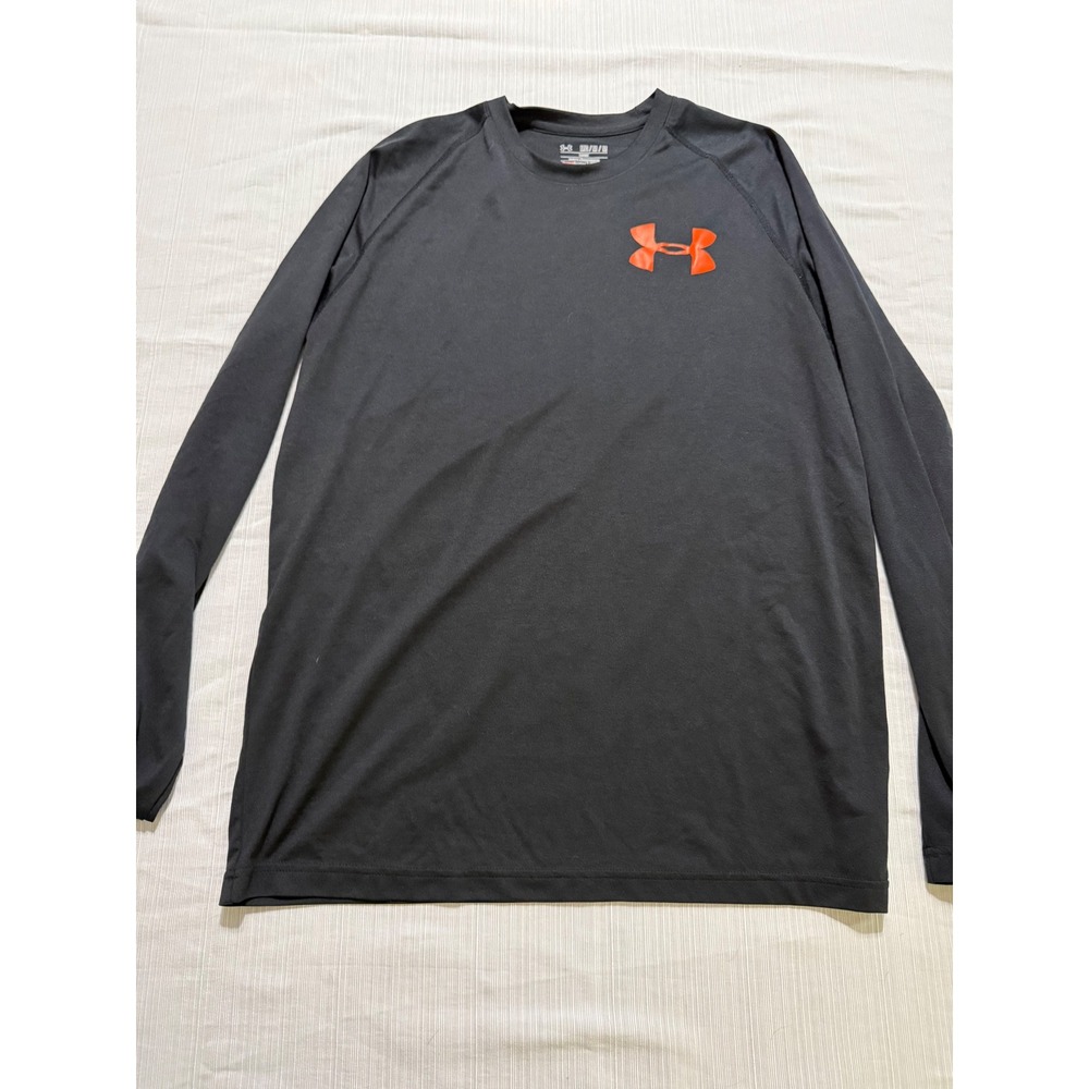 Under Armour Mens HeatGear Long Sleeve Shirt Black Orange Loose Fit Medium